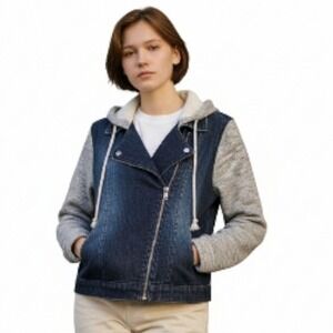 Tinsel Town Women's Denim Jacket Gray‎ Sleeve Hooded Moto Style Medium